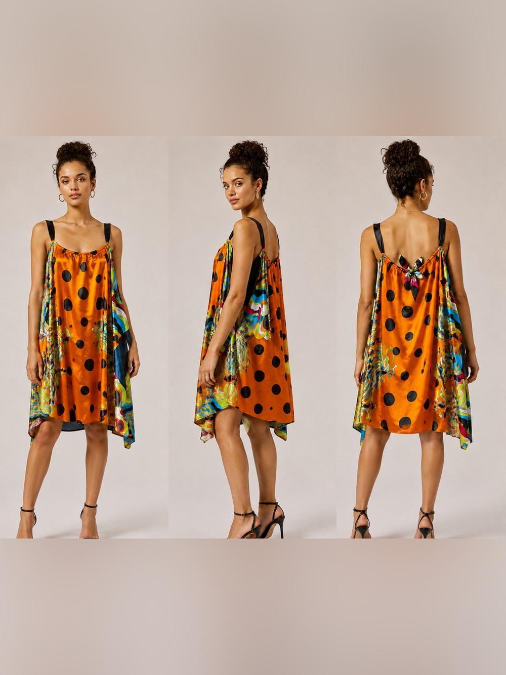 Size L/XL "Y2K Neon Flame Polka Dot Satin Halter Scarf Dress Asymmetric Hem"